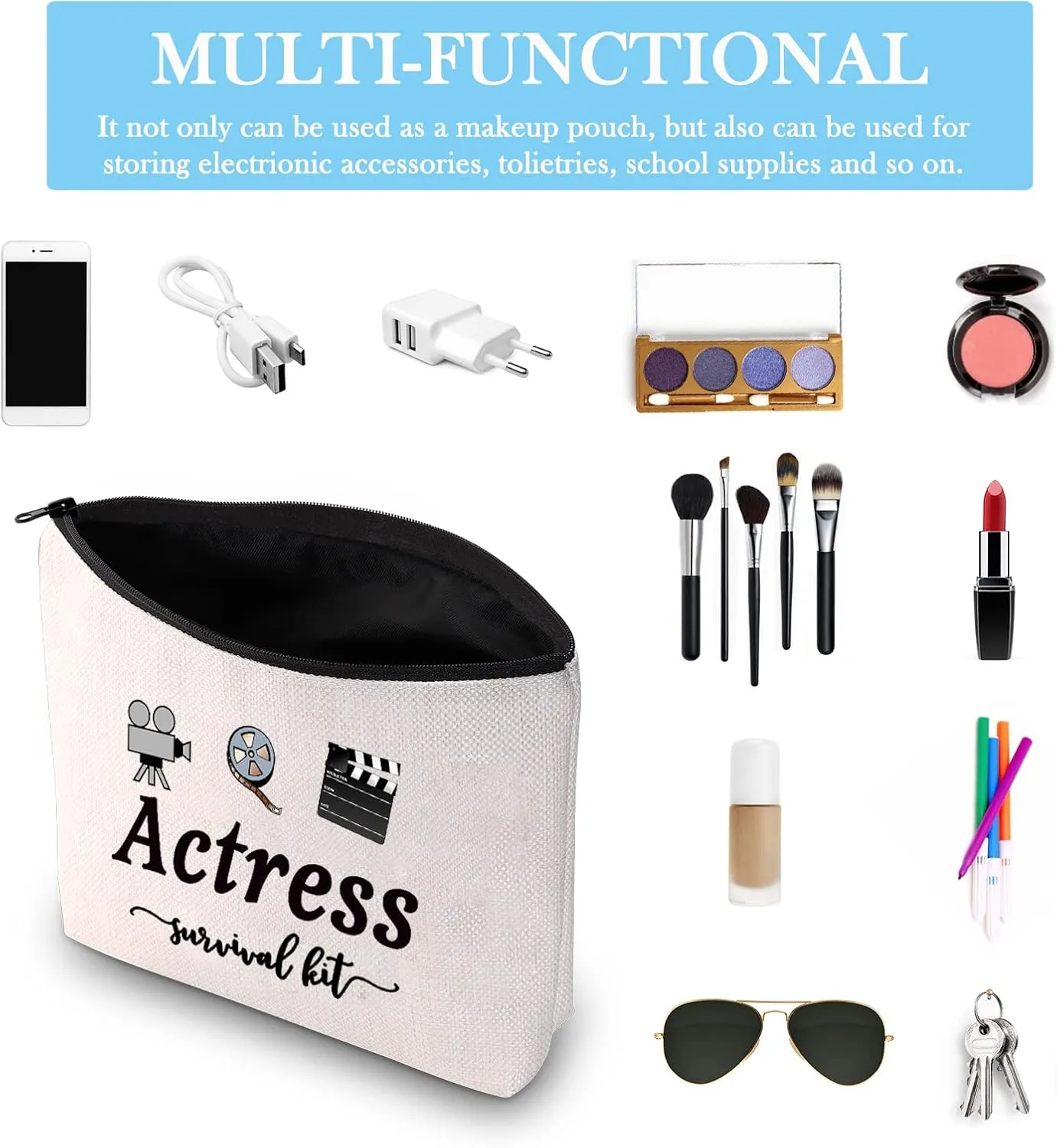 GJTIM Actress Gift Actress Survival Kit Theatre Acting Gift Zipper Pouch Funny Makeup Bag for Drama Student (Survival Kit Actress bag)