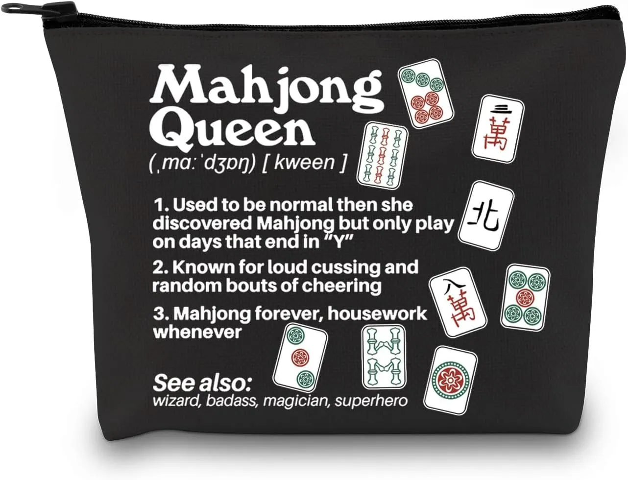 GJTIM Chinese Game Themed Gift Queen Definition Zipper Pouch Gambling Storage Bag for Player (Mah Queen Black)