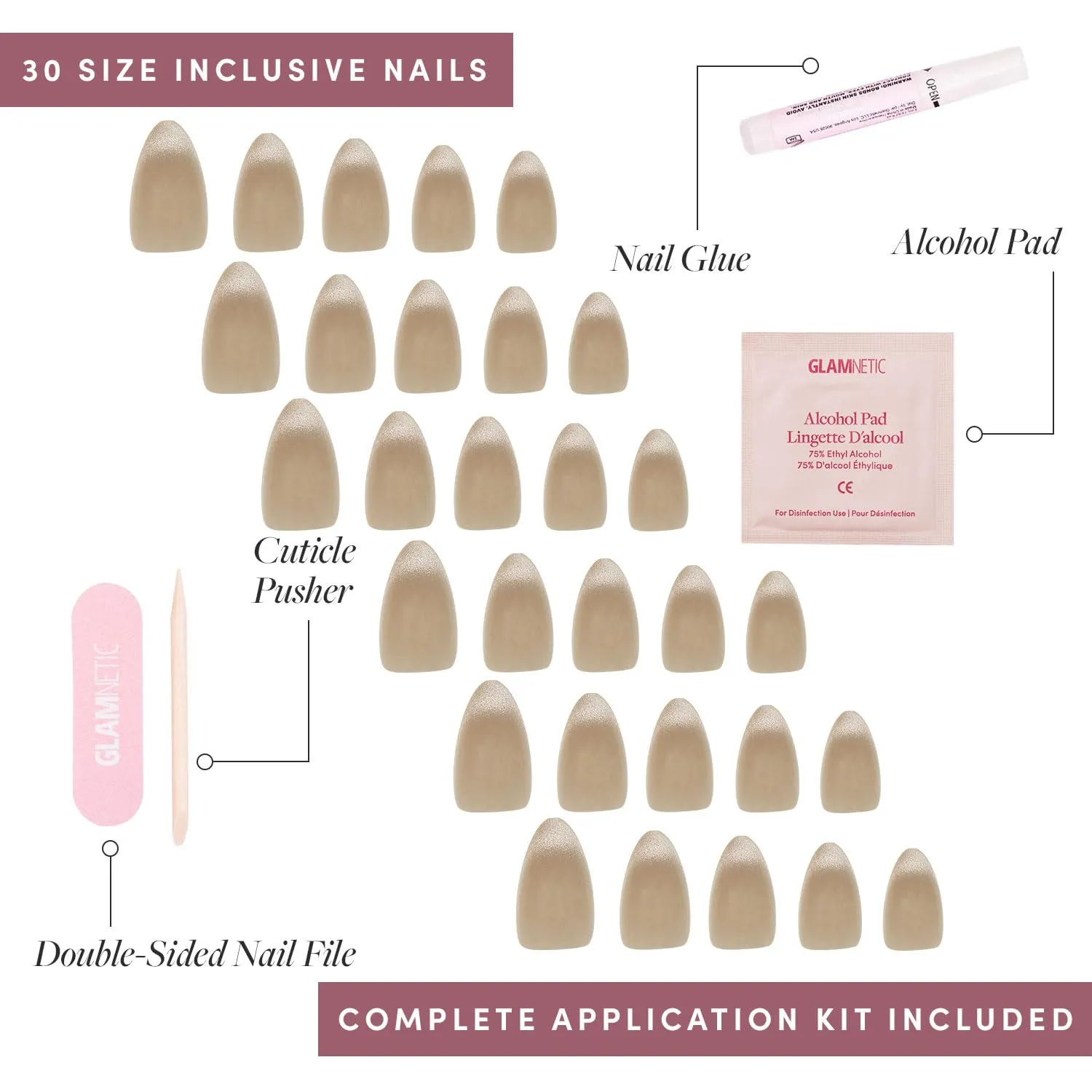 Glamnetic Press On Nails - Honey Bun | Trendy Neutral Nude Velvet Sparkly Short Almond Fake Nails, Reusable | 15 Sizes - 30 Nail Kit
