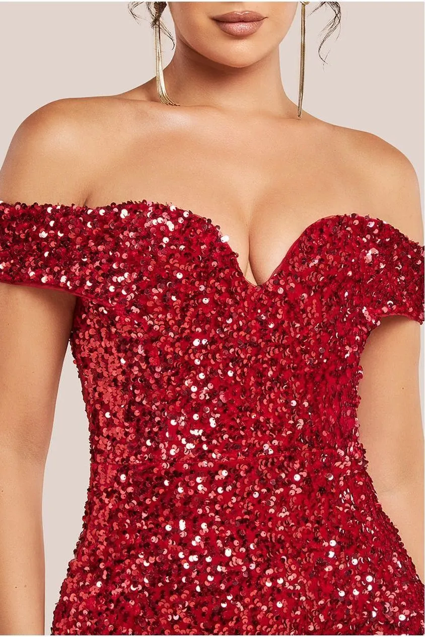 Goddiva Sequin Velvet Bardot Evening Maxi Dress - Red