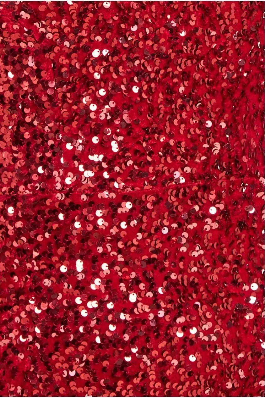 Goddiva Sequin Velvet Bardot Evening Maxi Dress - Red