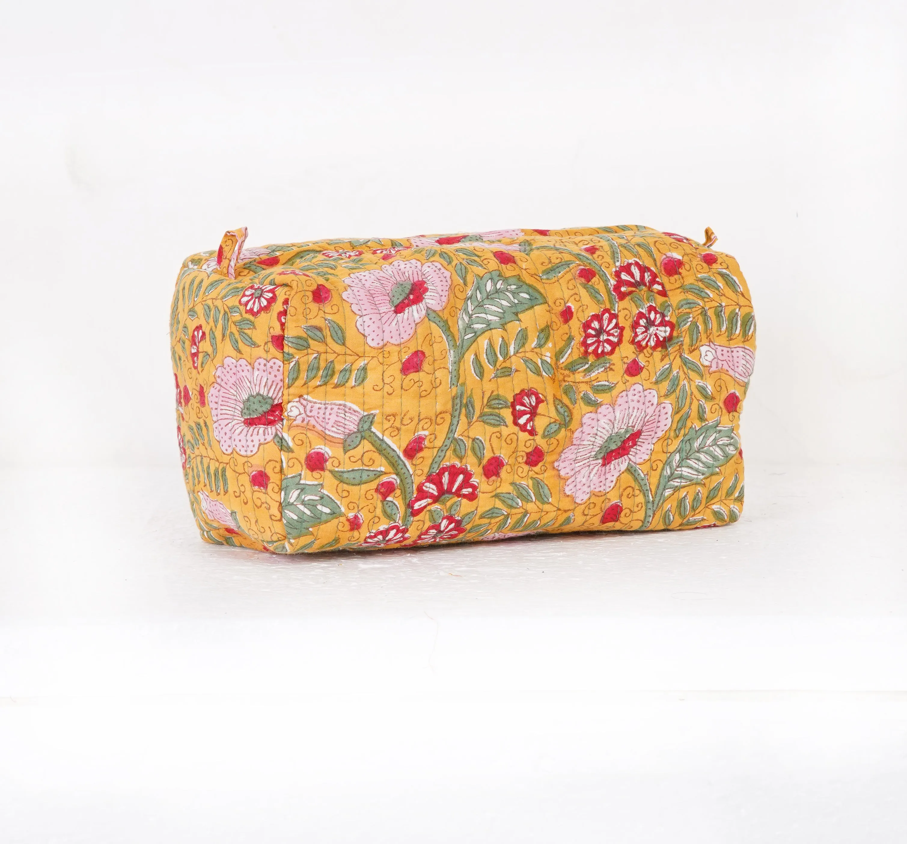 Golden Blossom Quilted Toiletry Pouch Set – Hand Block Printed (Set of 3)