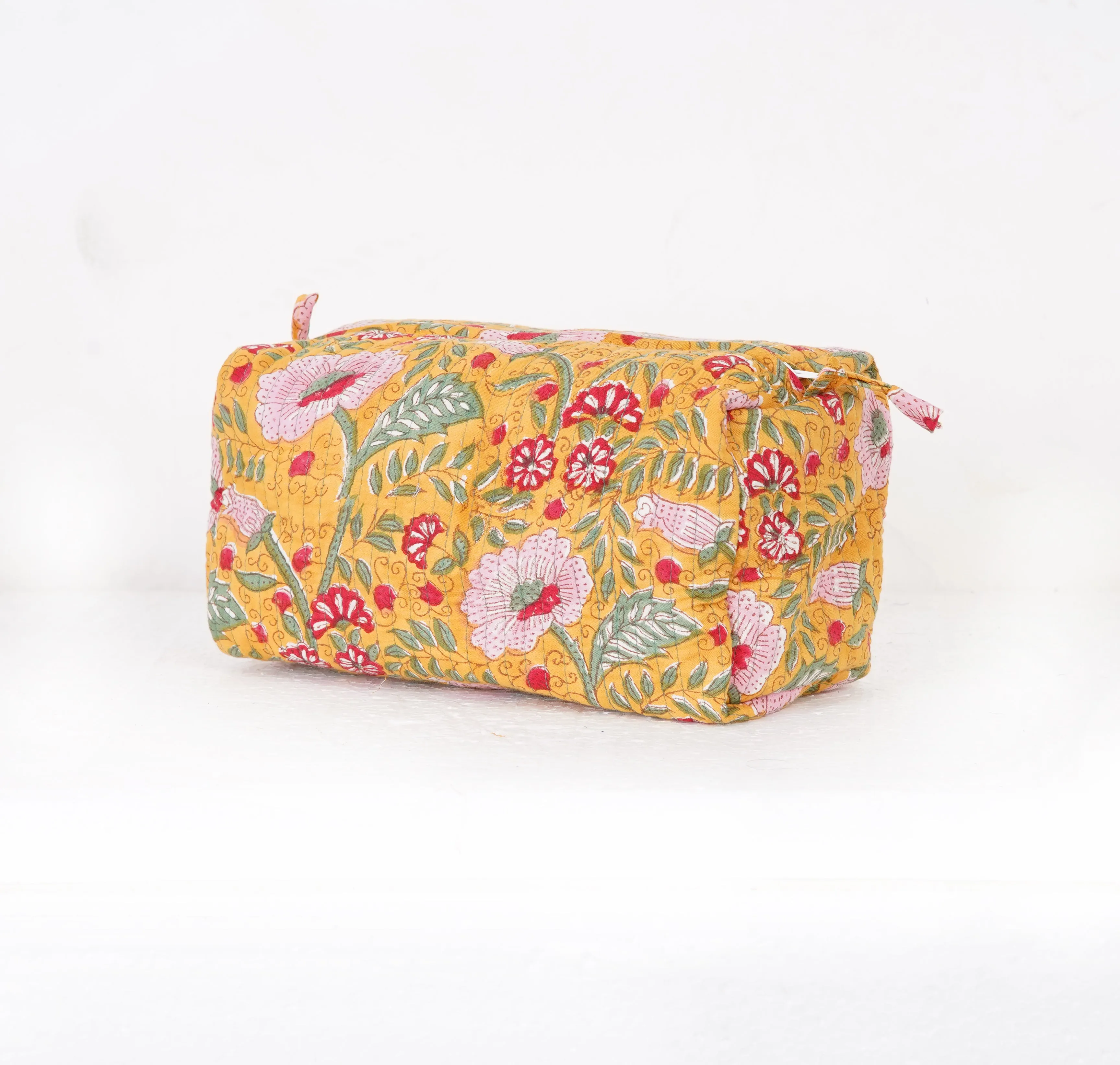 Golden Blossom Quilted Toiletry Pouch Set – Hand Block Printed (Set of 3)