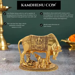 Golden Kamdhenu Cow Statue Oxidized Finish with Luxury Velvet Box Packing and Beautiful Carry Bag Showpiece for Home Decor (Free Diya Set of 2 pics)