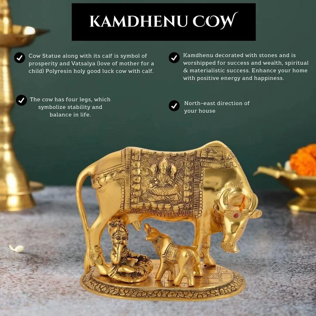 Golden Kamdhenu Cow Statue Oxidized Finish with Luxury Velvet Box Packing and Beautiful Carry Bag Showpiece for Home Decor (Free Diya Set of 2 pics)