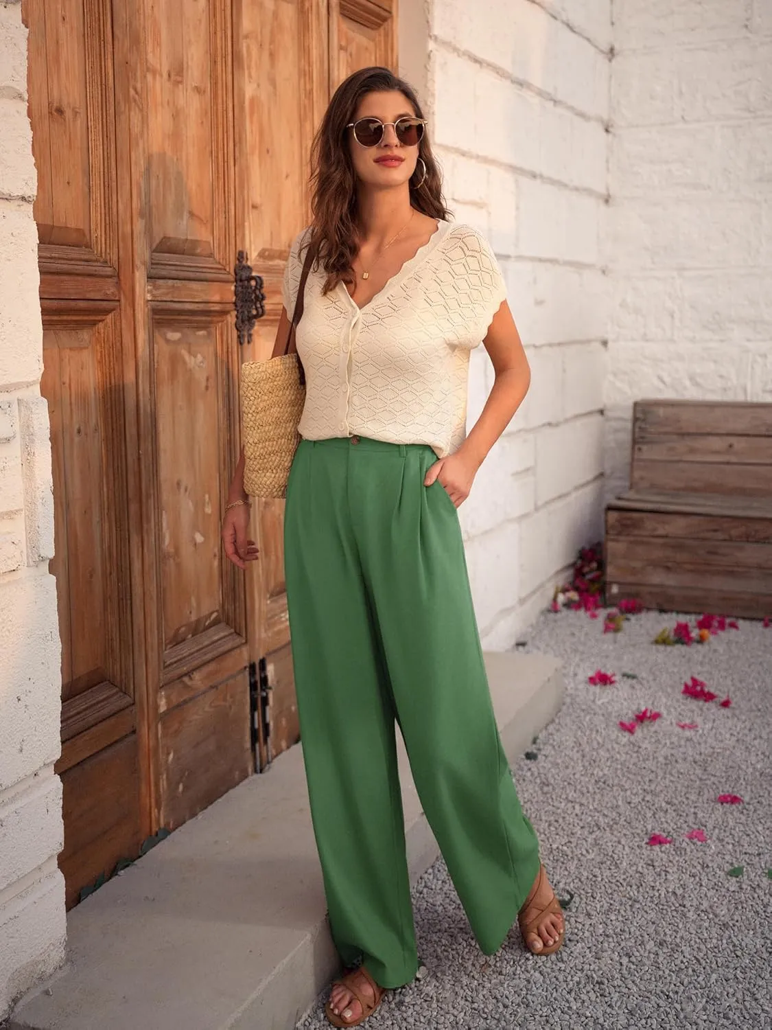 GRACE KARIN Wide Leg Pants for Women Cotton Linen Business Casual Long Trousers Palazzo Pants with Pockets