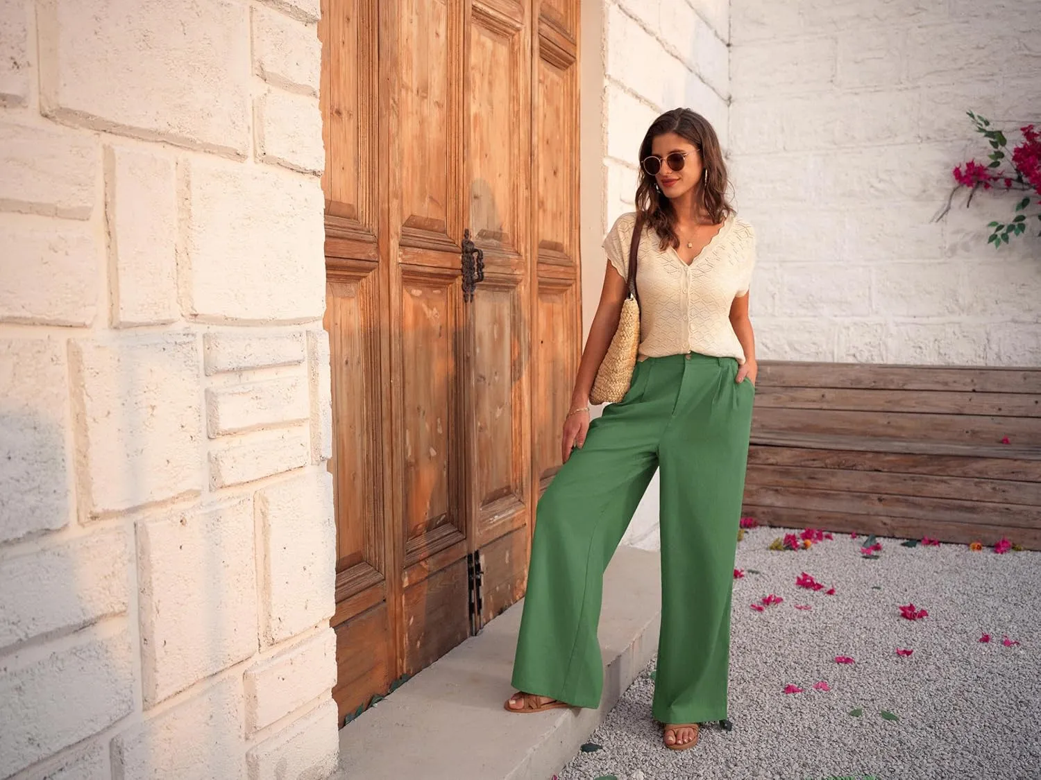 GRACE KARIN Wide Leg Pants for Women Cotton Linen Business Casual Long Trousers Palazzo Pants with Pockets