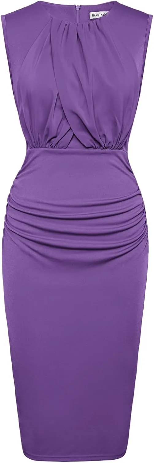 GRACE KARIN Women's Ruched Bodycon Dress Summer Sleeveless Front Drape Patchwork Crew Neck Midi Cocktail Dress