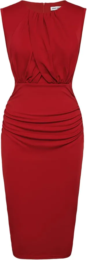 GRACE KARIN Women's Ruched Bodycon Dress Summer Sleeveless Front Drape Patchwork Crew Neck Midi Cocktail Dress