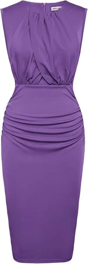 GRACE KARIN Women's Ruched Bodycon Dress Summer Sleeveless Front Drape Patchwork Crew Neck Midi Cocktail Dress