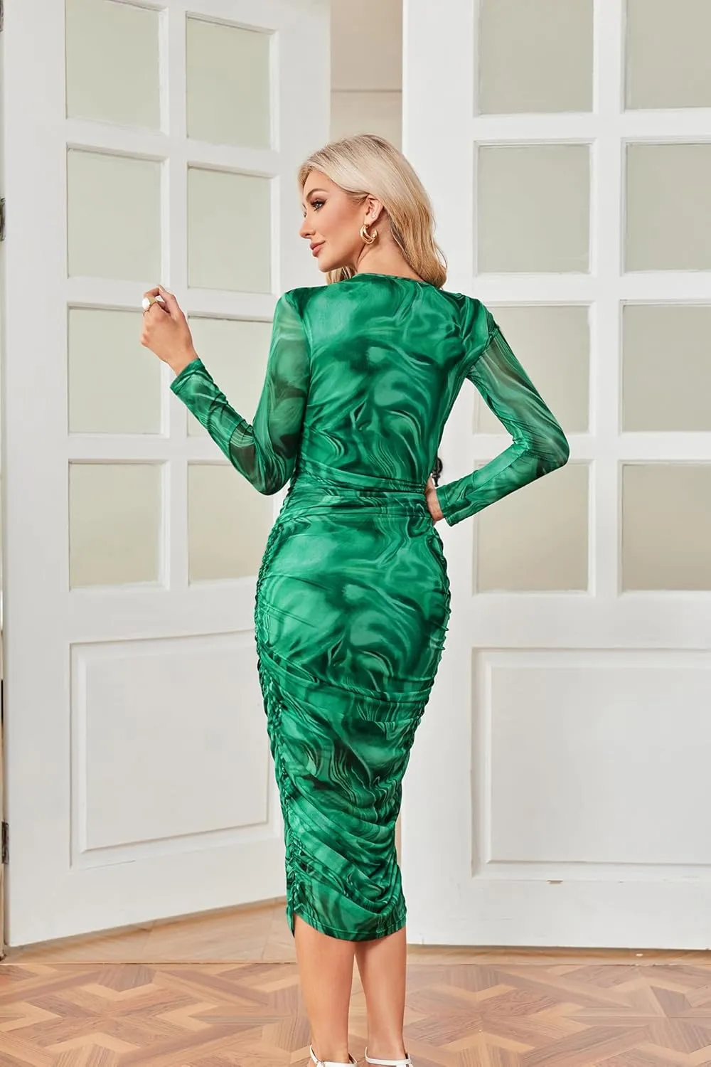 GRACE KARIN Women's Ruched Wrap Bodycon Dresses Mesh Print Fall Formal Midi Dress Long Sleeve Fitted Tight Party Club Dress