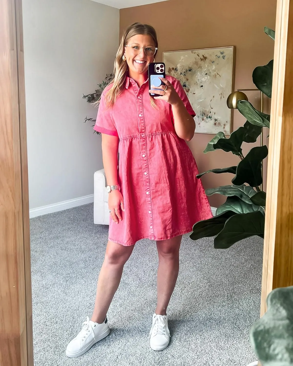 GRAPENT Denim Dress for Women Babydoll Tiered Short Sleeve Button Down Jean Shirt Dresses