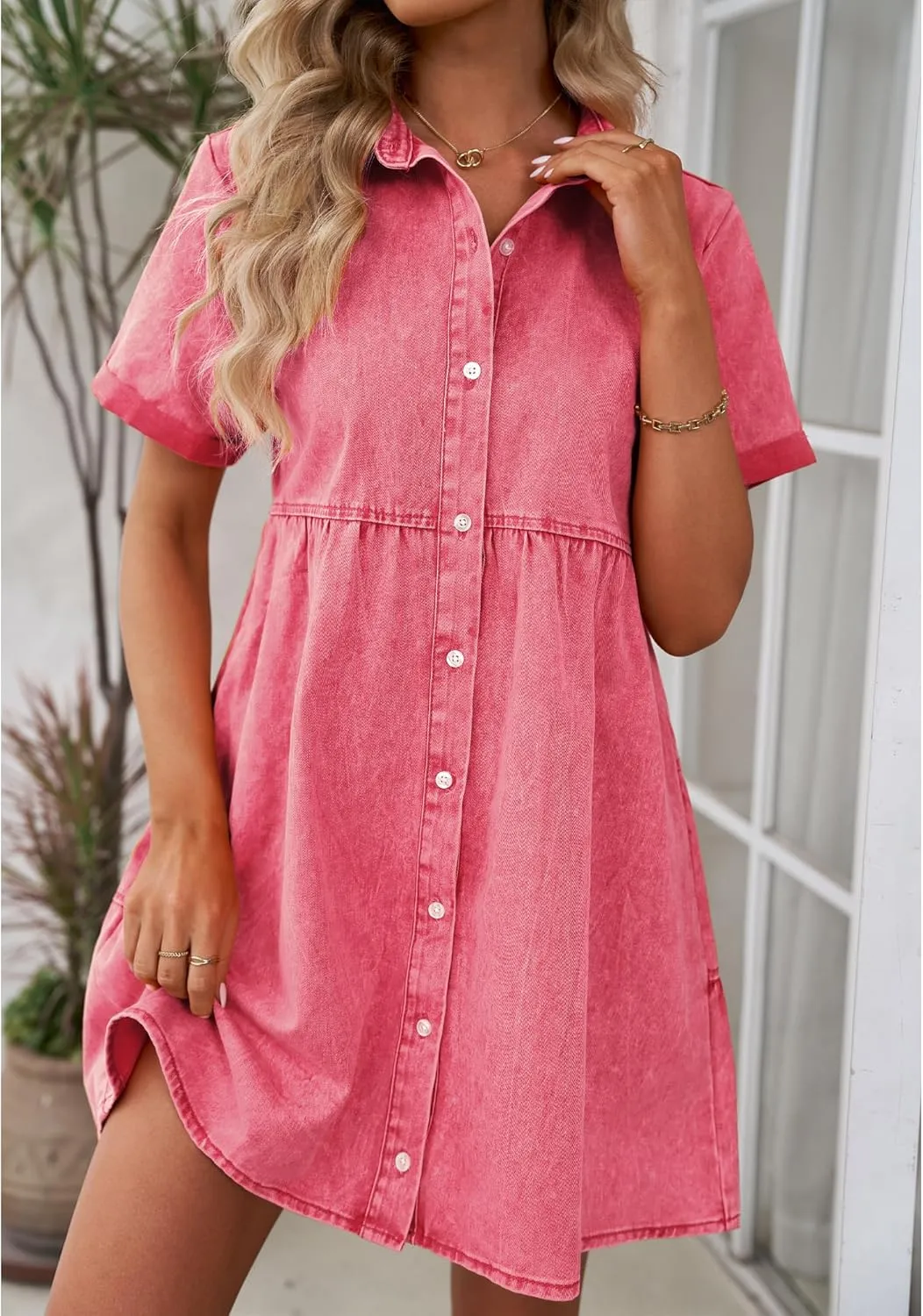 GRAPENT Denim Dress for Women Babydoll Tiered Short Sleeve Button Down Jean Shirt Dresses
