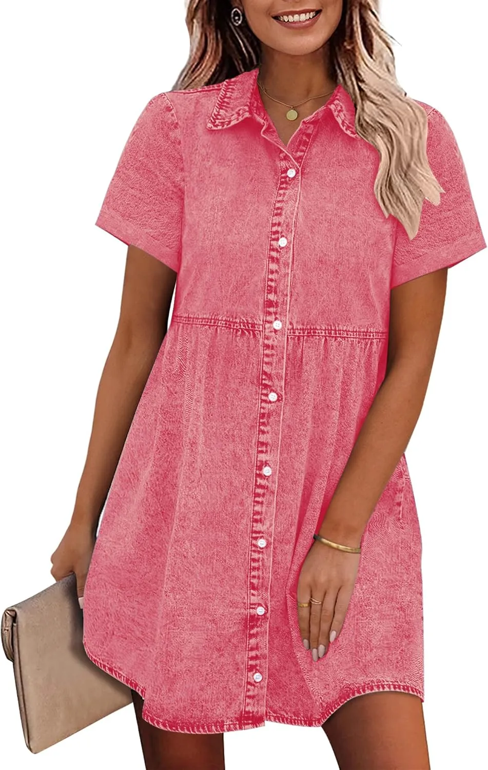 GRAPENT Denim Dress for Women Babydoll Tiered Short Sleeve Button Down Jean Shirt Dresses