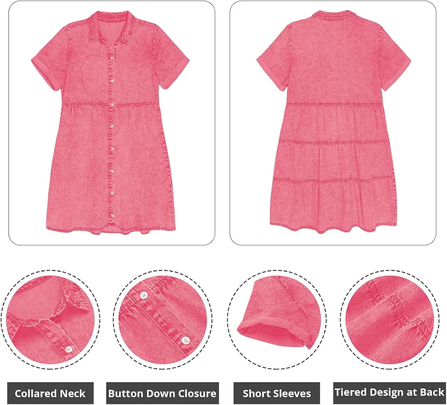 GRAPENT Denim Dress for Women Babydoll Tiered Short Sleeve Button Down Jean Shirt Dresses
