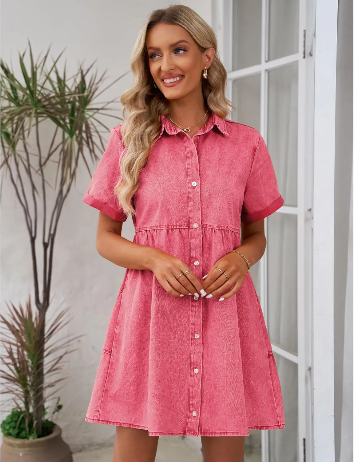 GRAPENT Denim Dress for Women Babydoll Tiered Short Sleeve Button Down Jean Shirt Dresses
