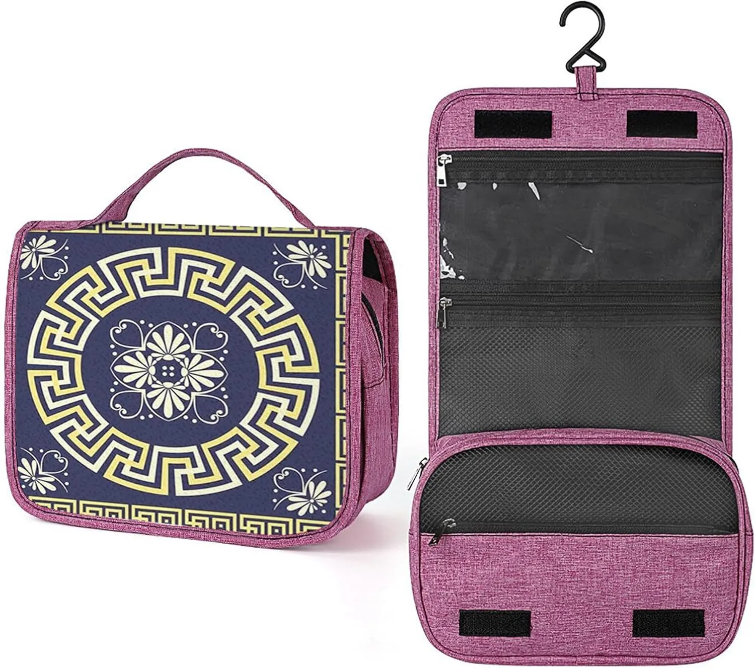 Greek Themed,Toiletry Bag Hanging Travel Makeup Organizer,Meander Spring Floral Retro Maze,Cosmetic Makeup Bag for Full Sized Toiletries,Blue And Yellow