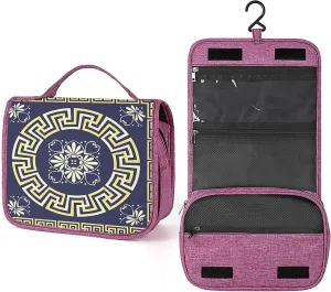 Greek Themed,Toiletry Bag Hanging Travel Makeup Organizer,Meander Spring Floral Retro Maze,Cosmetic Makeup Bag for Full Sized Toiletries,Blue And Yellow