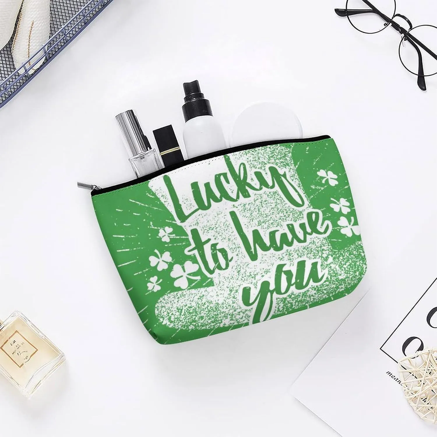 Green Makeup Bag For Women-Cosmetic Bags Aesthetic Design Ladies Lucky To Have You Tote Bag for Women,Travel Toiletry Bag with Zipper