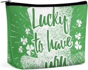 Green Makeup Bag For Women-Cosmetic Bags Aesthetic Design Ladies Lucky To Have You Tote Bag for Women,Travel Toiletry Bag with Zipper