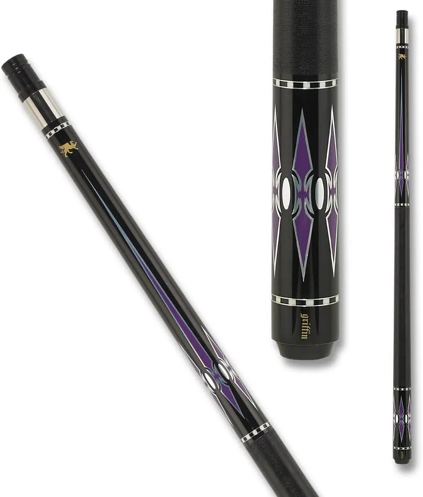 Griffin GR48 Pool Cue - Jet Black with Silver and Purple Design