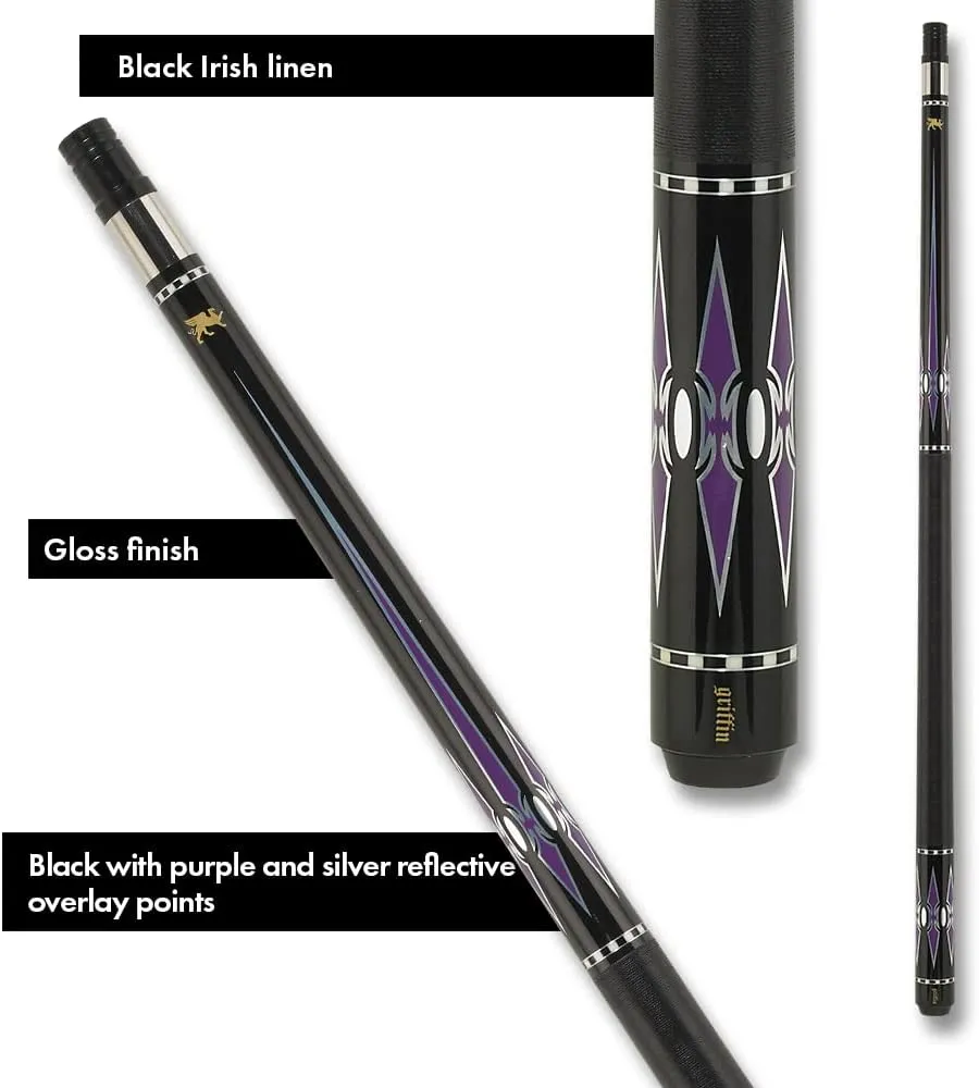Griffin GR48 Pool Cue - Jet Black with Silver and Purple Design