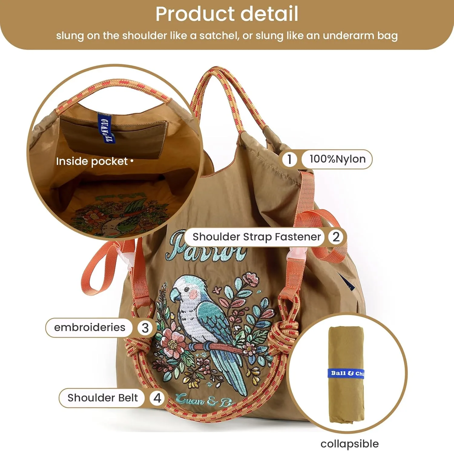 Guan&Ball Nylon Tote Bag for Women，Nylon Tote Bag,Everyday Bag Handbags for Work Beach Gym