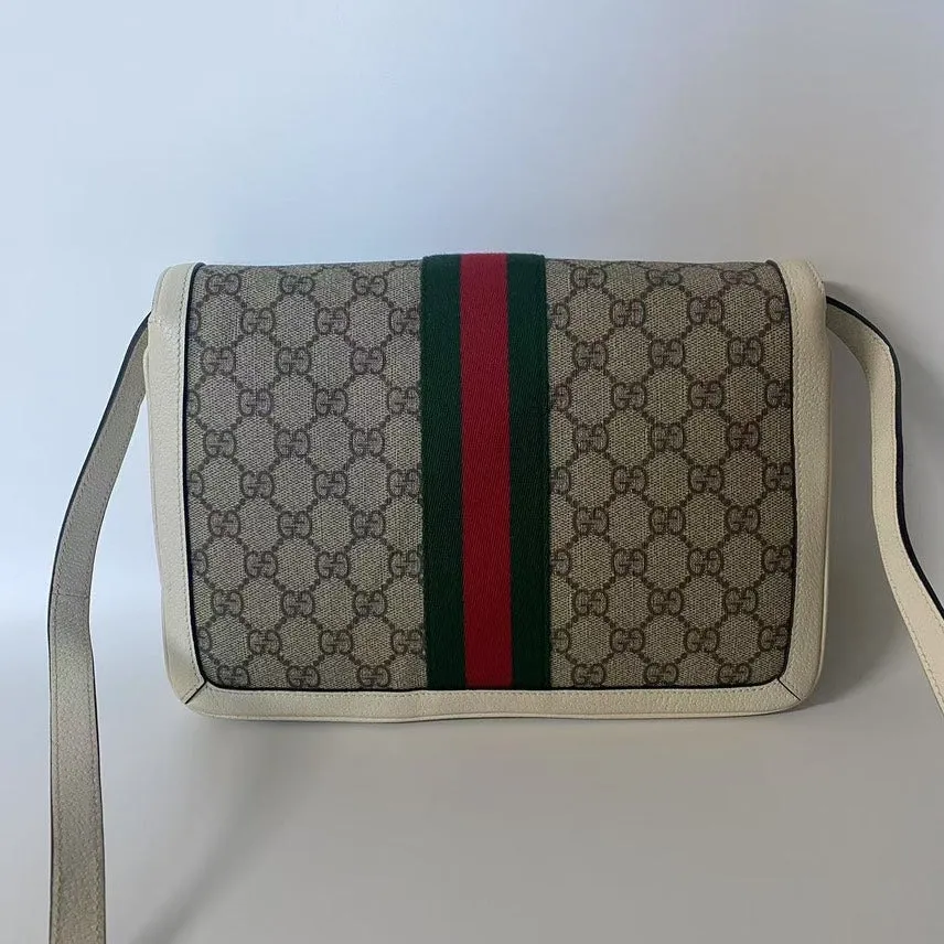 GUCCI GG Supreme Bee Satchel Beige Leather Crossbody Bag