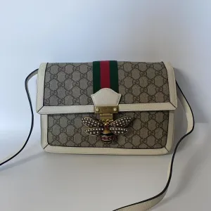 GUCCI GG Supreme Bee Satchel Beige Leather Crossbody Bag