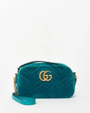 Gucci Turquoise Matelassé Velvet Small GG Marmont Chain Crossbody Bag
