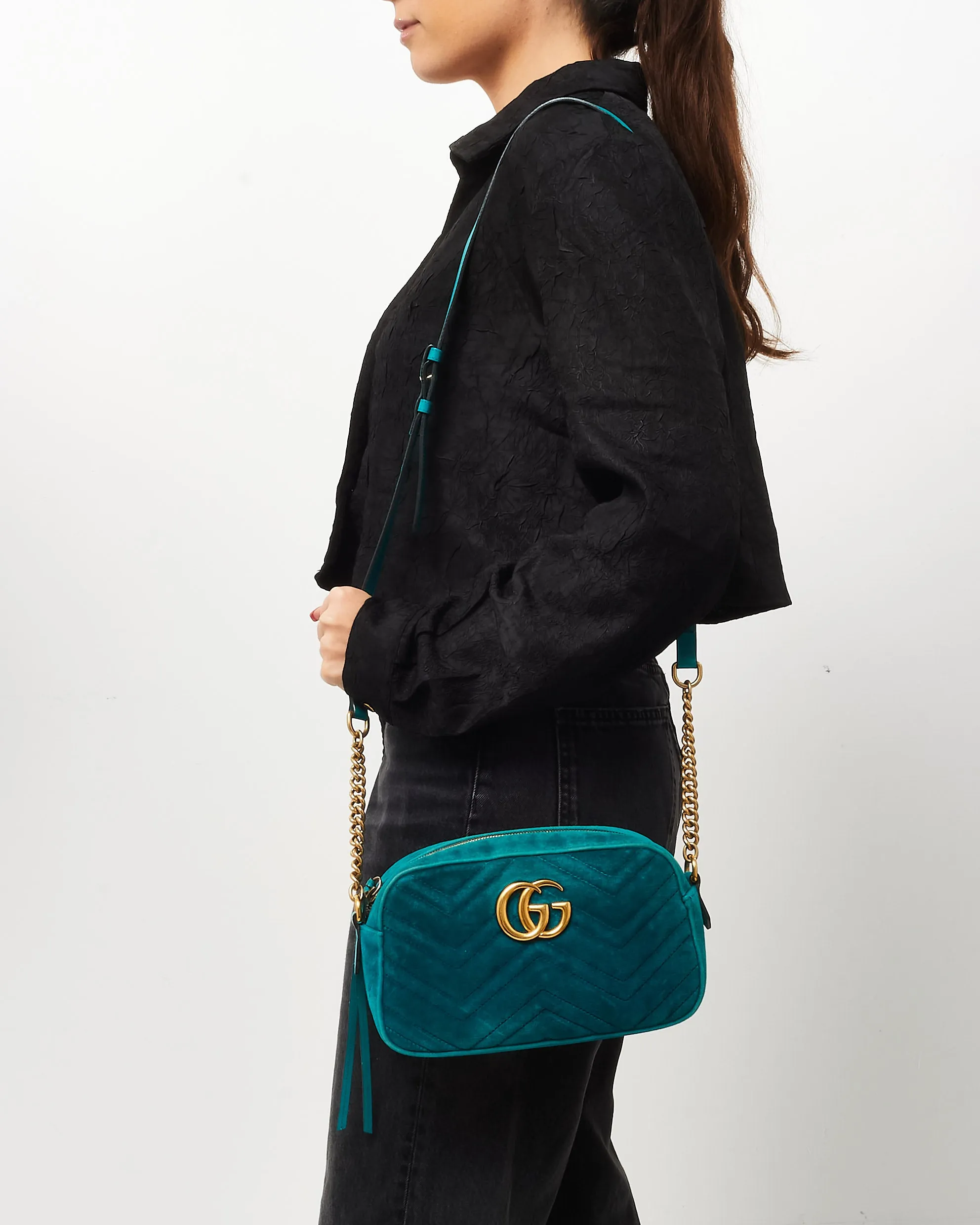 Gucci Turquoise Matelassé Velvet Small GG Marmont Chain Crossbody Bag