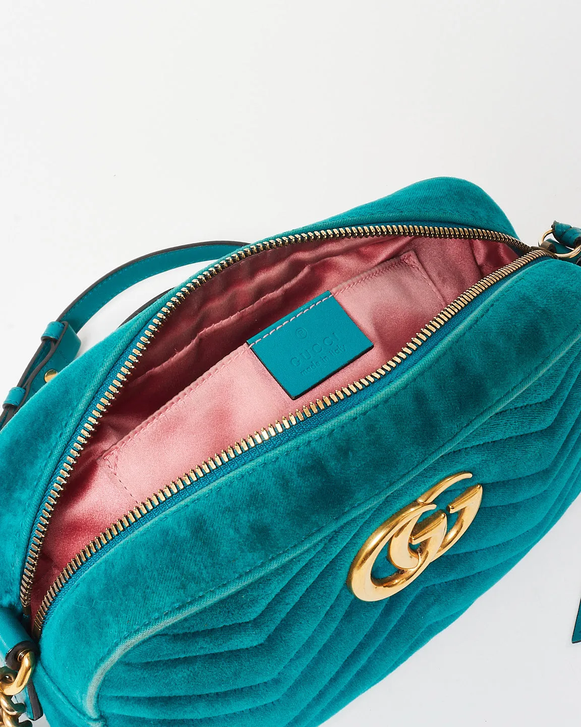 Gucci Turquoise Matelassé Velvet Small GG Marmont Chain Crossbody Bag