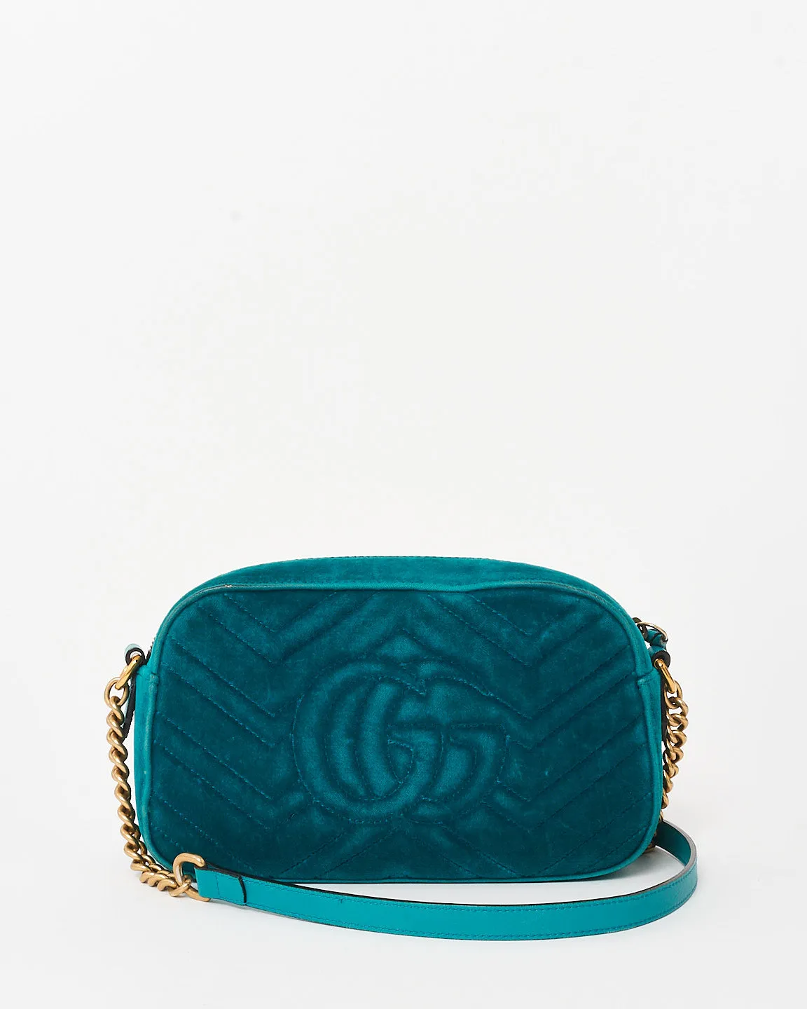 Gucci Turquoise Matelassé Velvet Small GG Marmont Chain Crossbody Bag