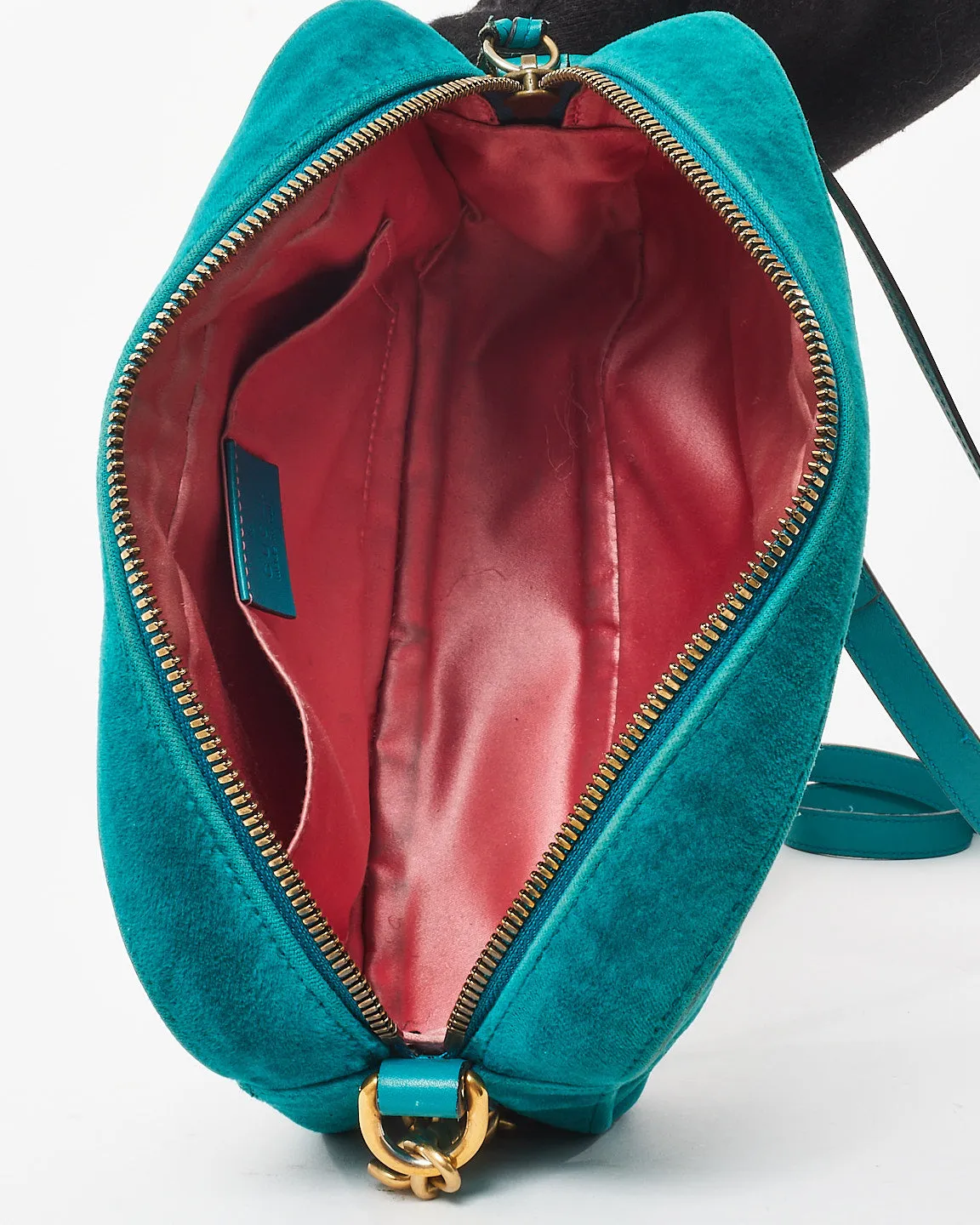 Gucci Turquoise Matelassé Velvet Small GG Marmont Chain Crossbody Bag