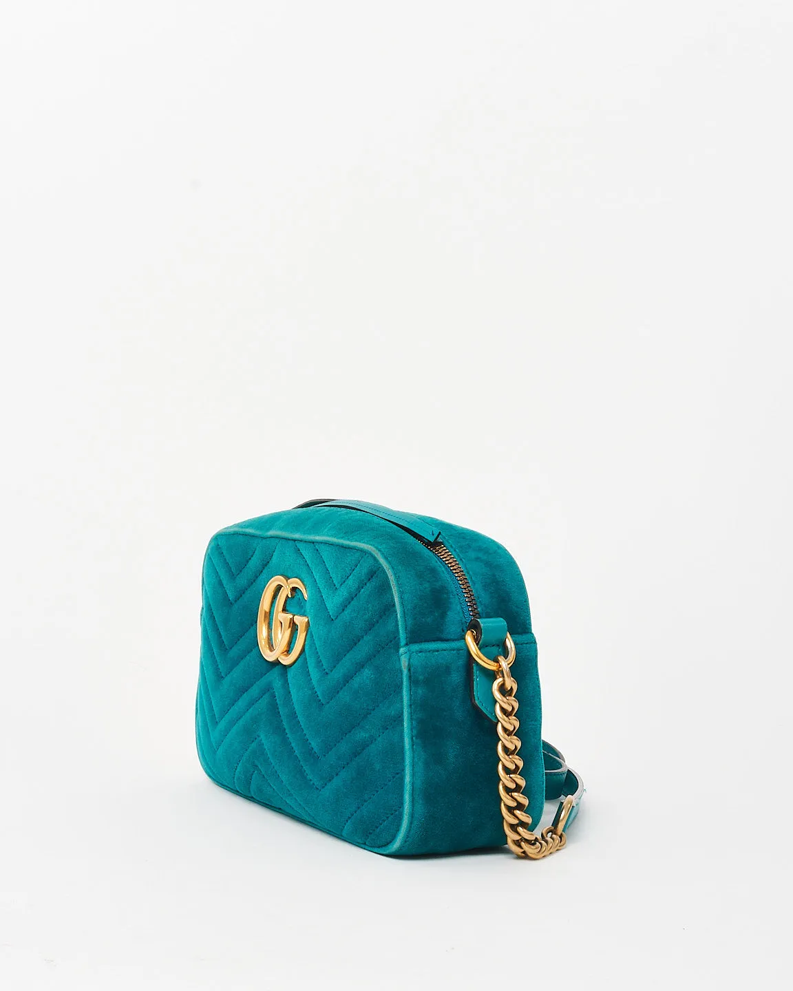 Gucci Turquoise Matelassé Velvet Small GG Marmont Chain Crossbody Bag
