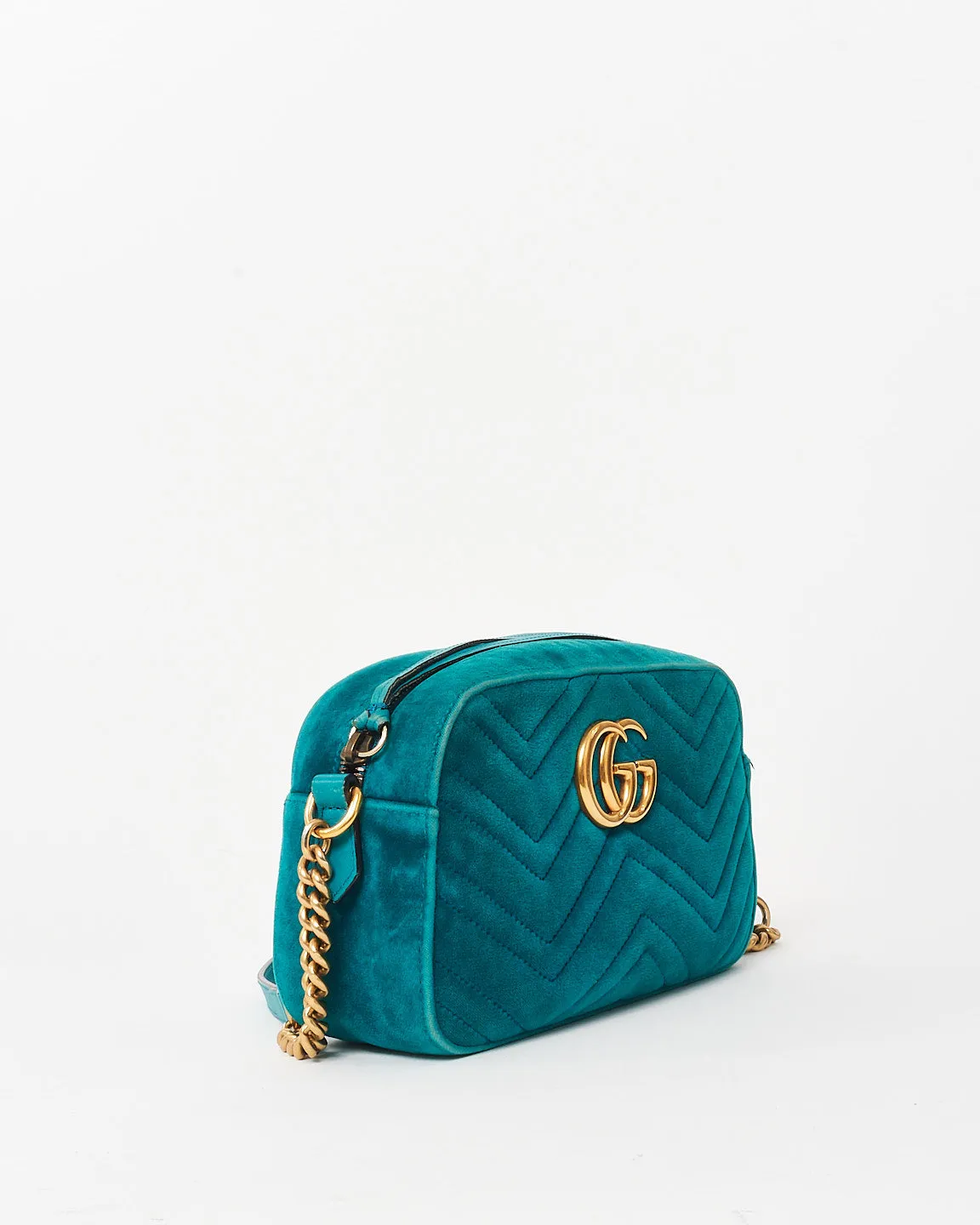 Gucci Turquoise Matelassé Velvet Small GG Marmont Chain Crossbody Bag