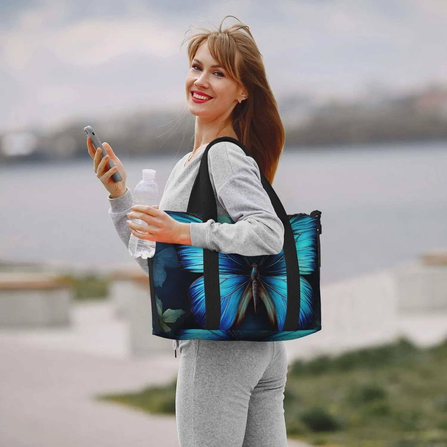 Gym Bag Blue Butterfly Pattern Duffel Bag for Men Women Travel Overnight Bag with Shoe Compartment Workout Bags