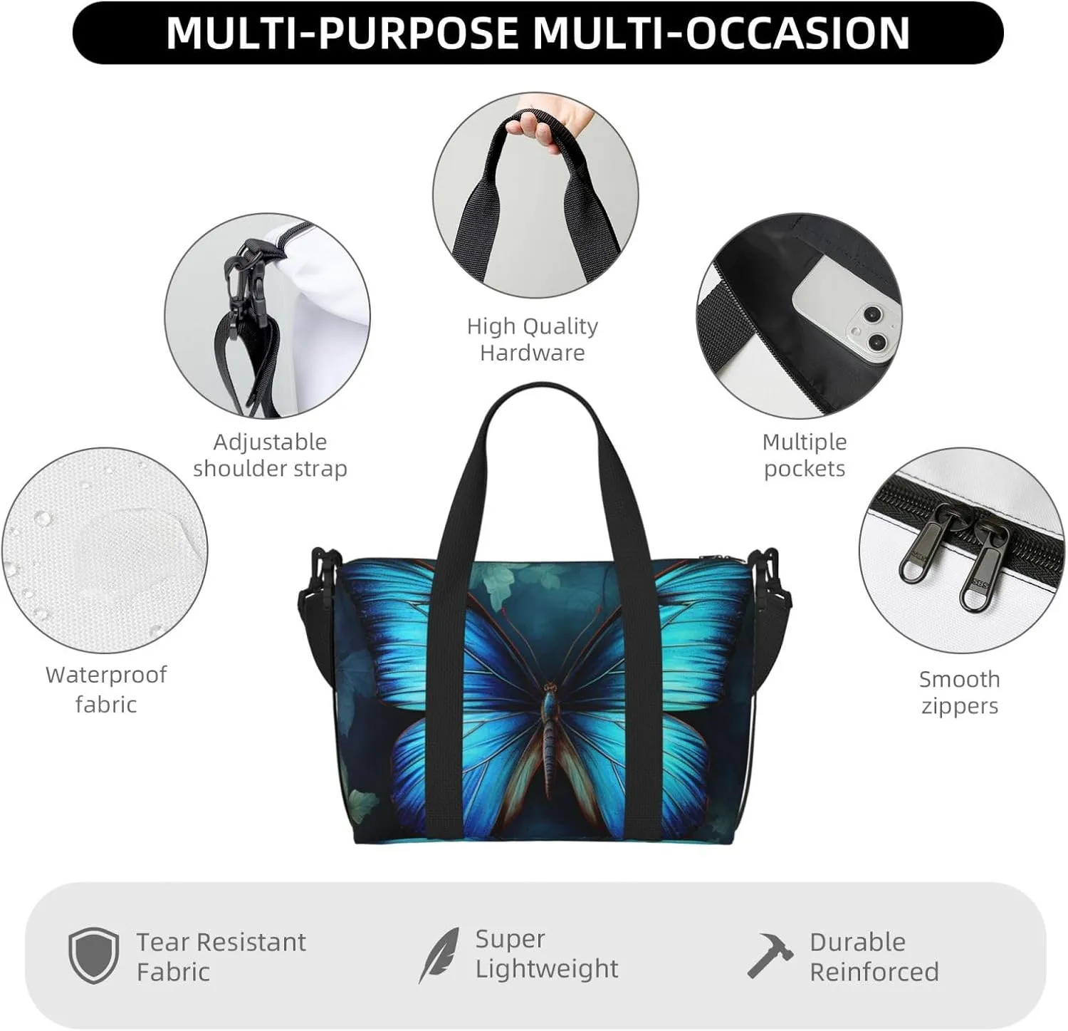 Gym Bag Blue Butterfly Pattern Duffel Bag for Men Women Travel Overnight Bag with Shoe Compartment Workout Bags