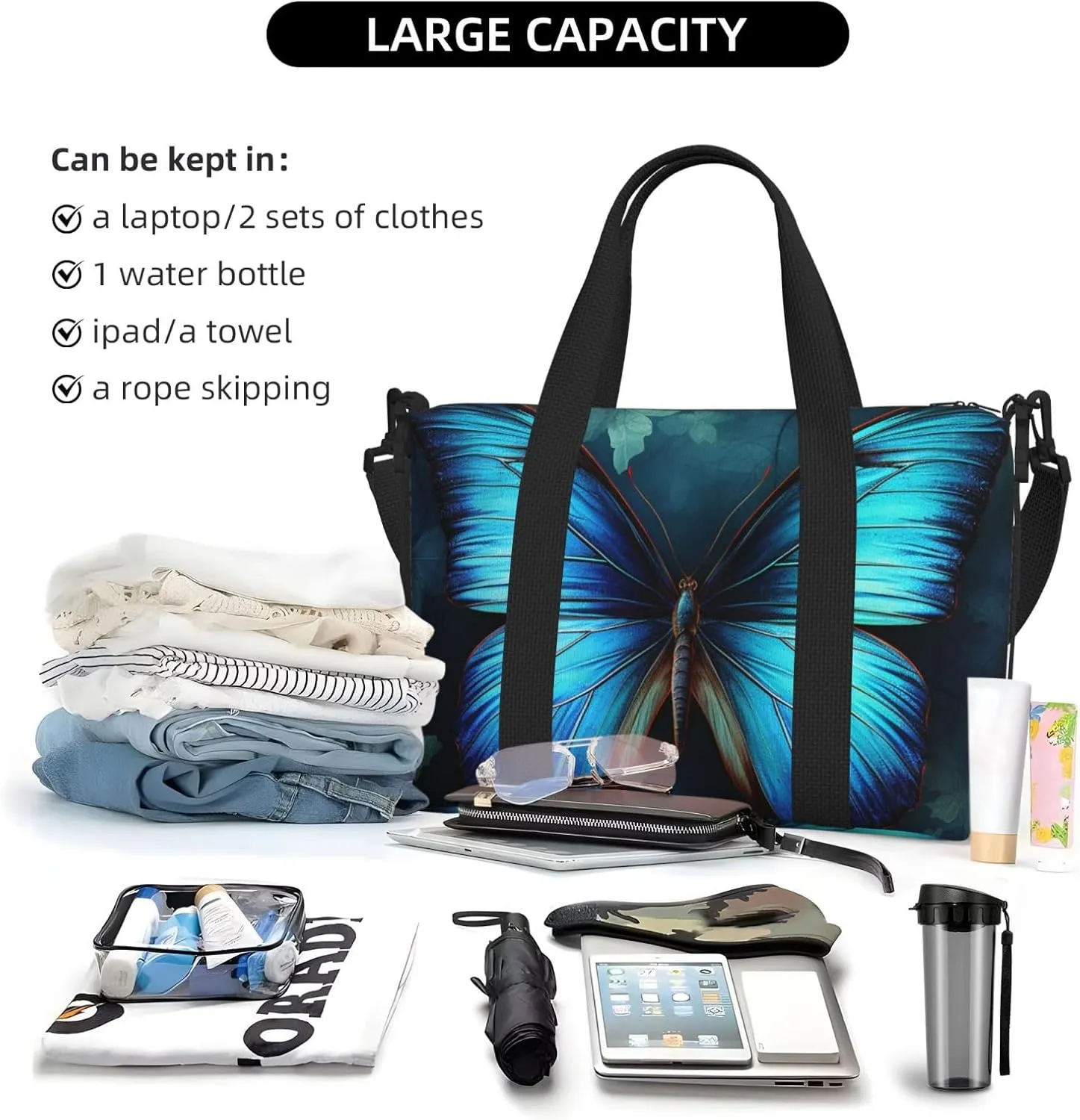 Gym Bag Blue Butterfly Pattern Duffel Bag for Men Women Travel Overnight Bag with Shoe Compartment Workout Bags