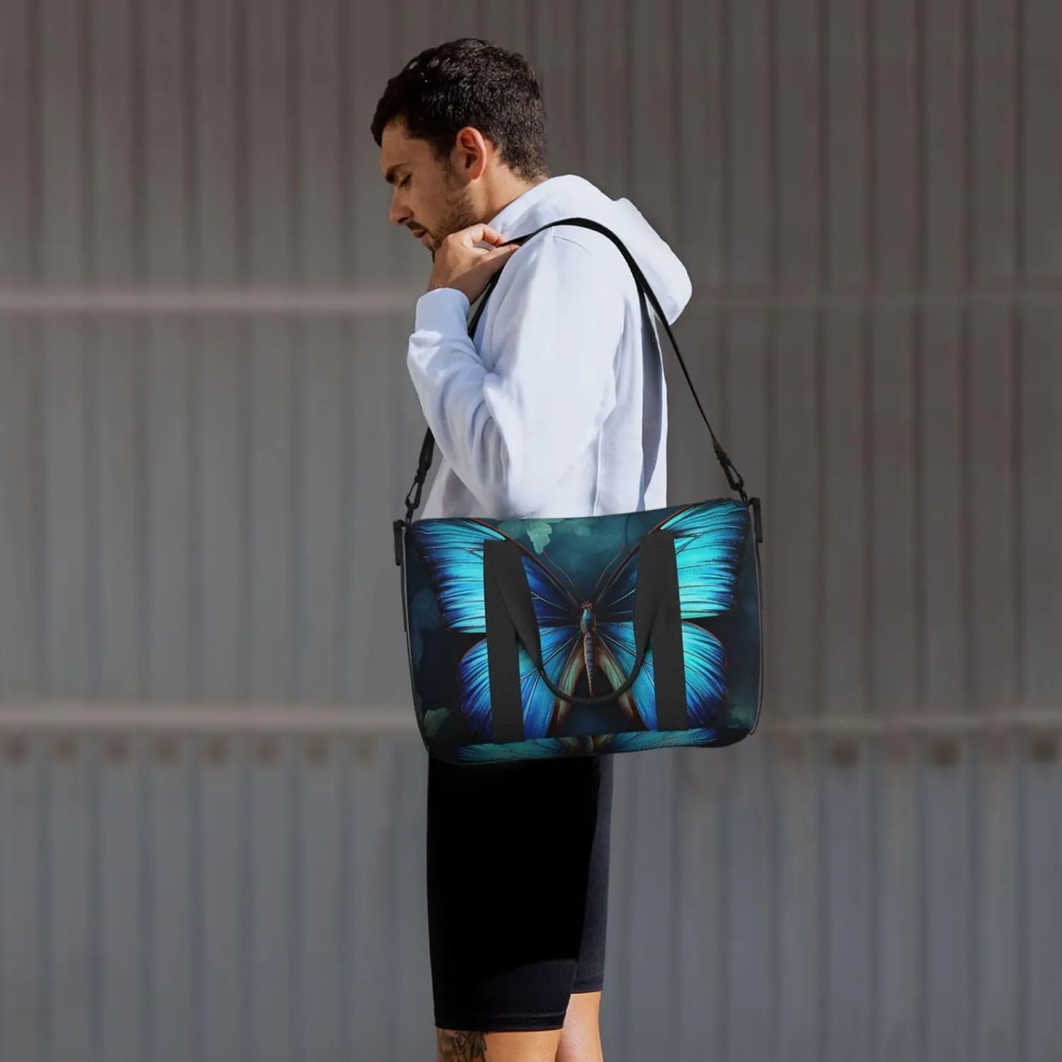 Gym Bag Blue Butterfly Pattern Duffel Bag for Men Women Travel Overnight Bag with Shoe Compartment Workout Bags