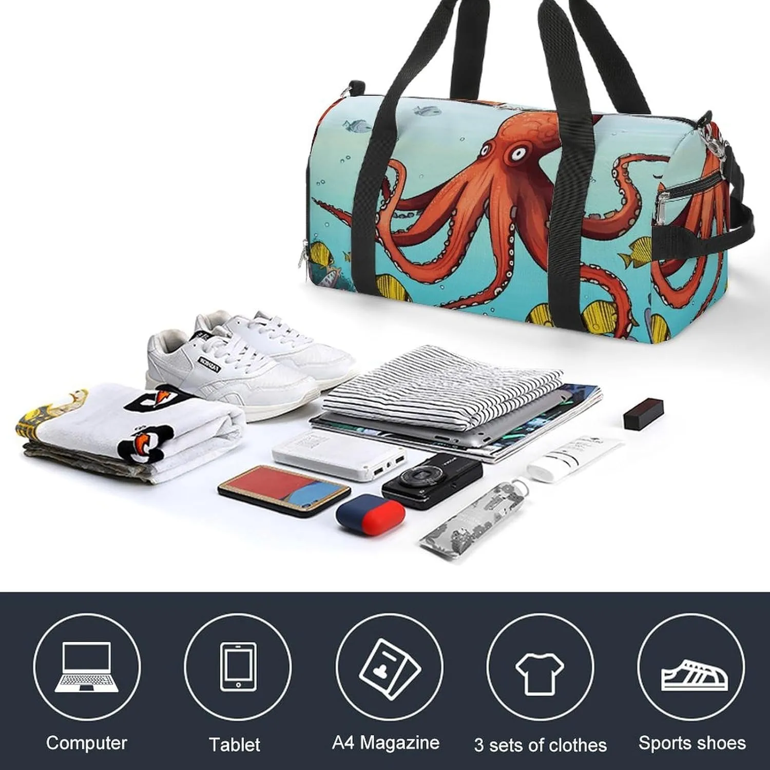 Gym Bag Giant Octopus Duffel Bag for Men Women Travel Overnight Bag with Shoe Compartment Workout Bags