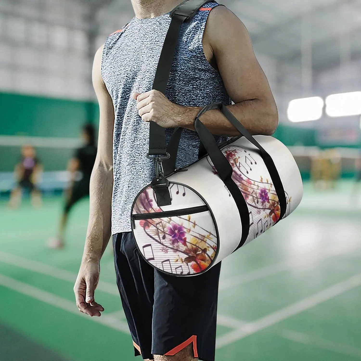 Gym Bag Musical Note Floral Duffel Bag for Men Women Overnight Bag with Shoe Compartment Workout Bags