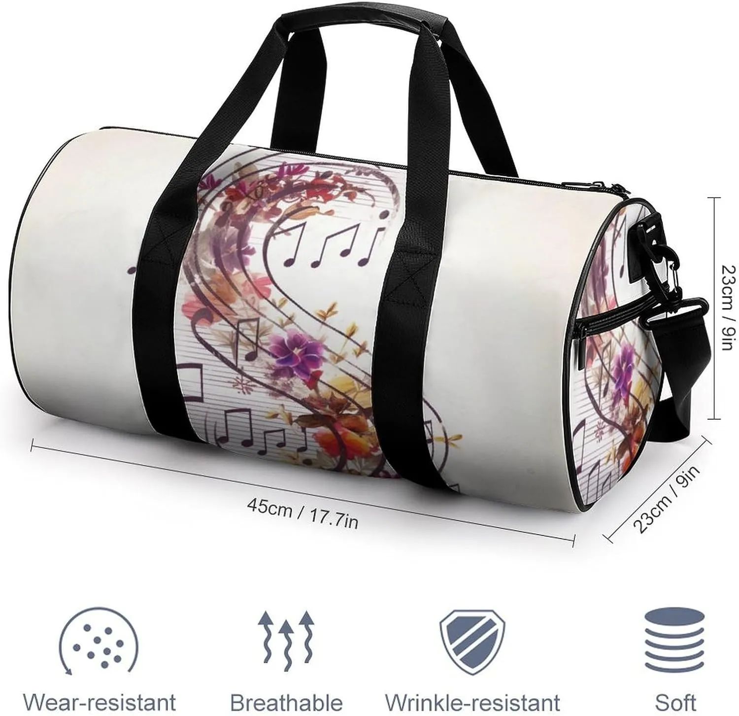 Gym Bag Musical Note Floral Duffel Bag for Men Women Overnight Bag with Shoe Compartment Workout Bags