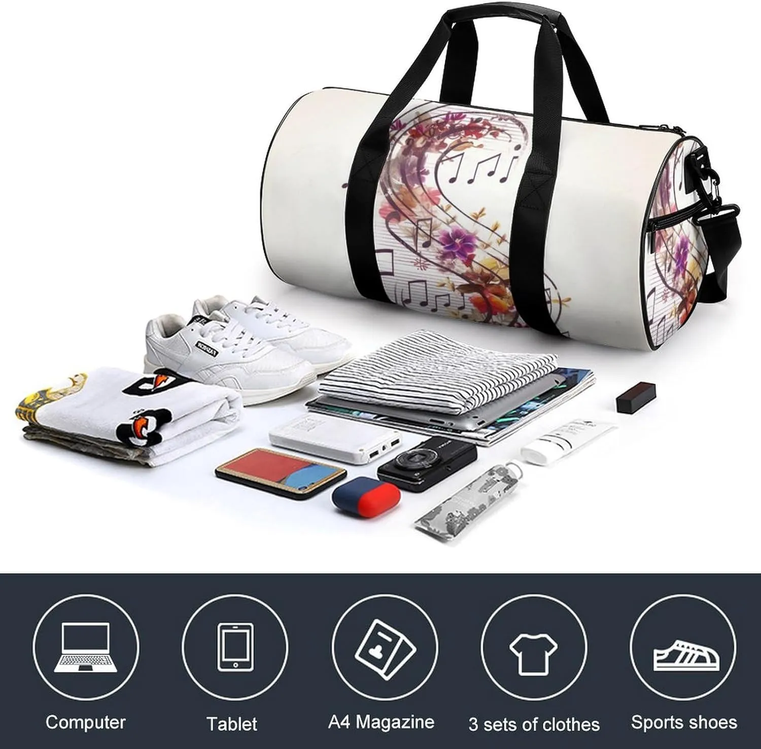 Gym Bag Musical Note Floral Duffel Bag for Men Women Overnight Bag with Shoe Compartment Workout Bags