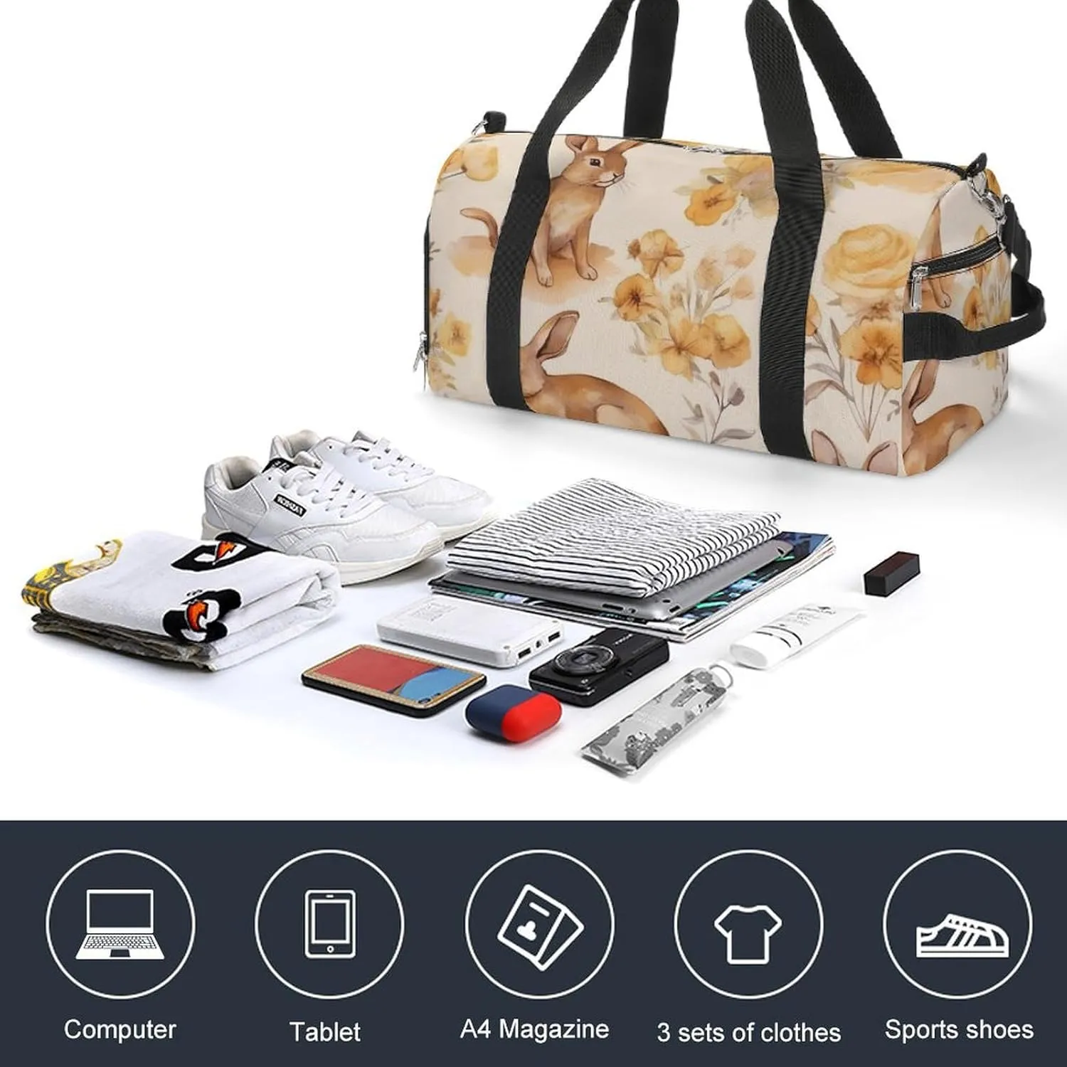 Gym Bag Watercolor Bunny Duffel Bag for Men Women Travel Overnight Bag with Shoe Compartment Workout Bags