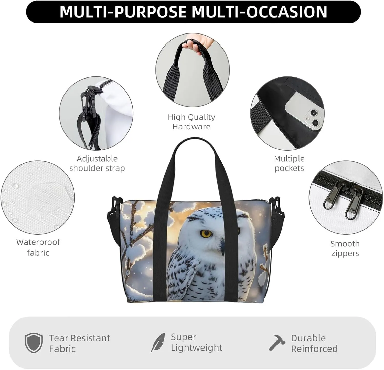 Gym Bag Winter White Owl Duffel Bag for Men Women Travel Overnight Bag with Shoe Compartment Workout Bags