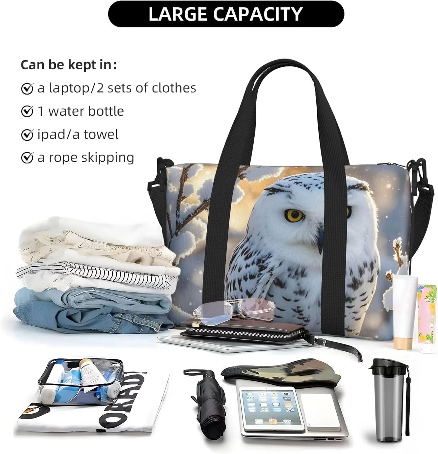 Gym Bag Winter White Owl Duffel Bag for Men Women Travel Overnight Bag with Shoe Compartment Workout Bags