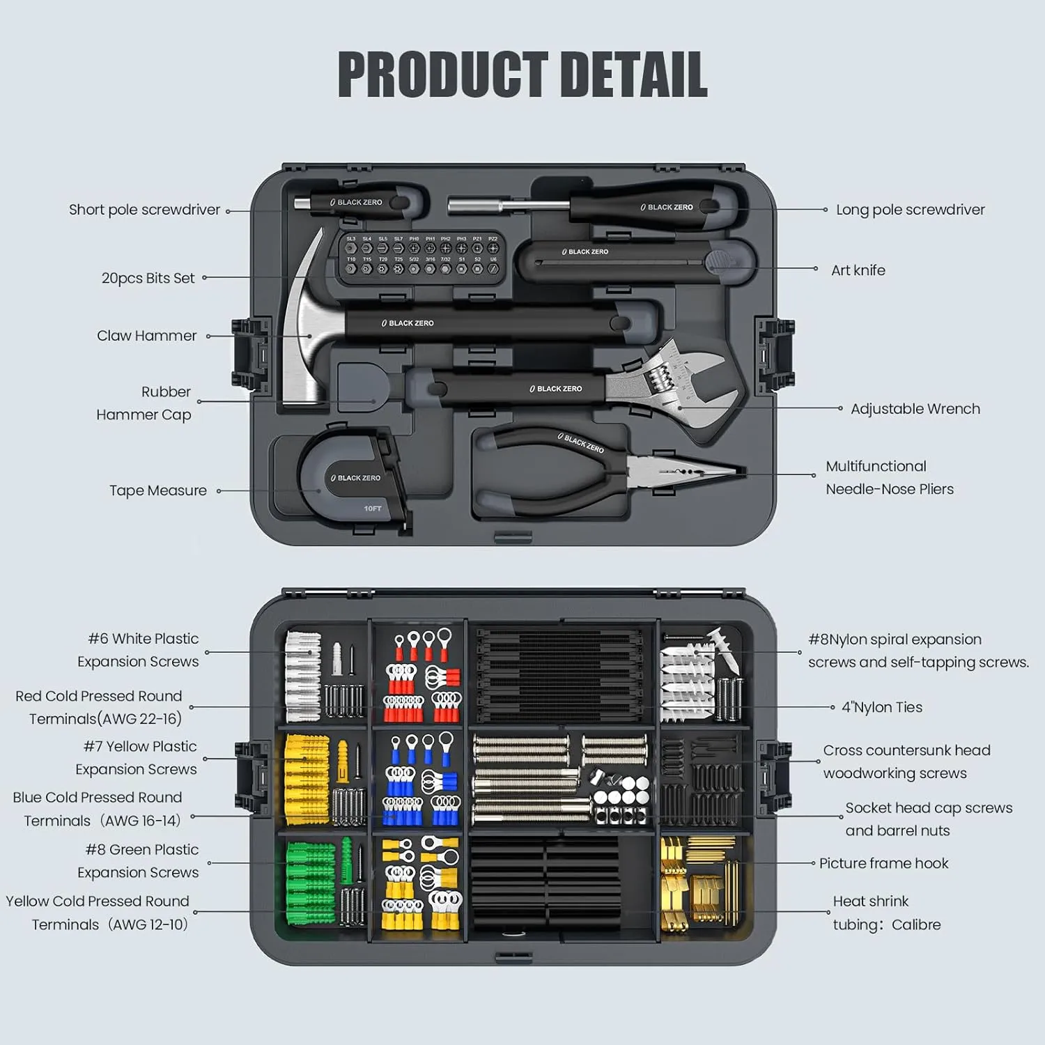 Hand Tool Set, DIY Set Accessory Tools, With Screwdriver Wrench Hammer Tape Plier, Cold Pressed Round Terminals Hexagon Socket Head Cap Screws, Includes All Essential Tools for Home Use