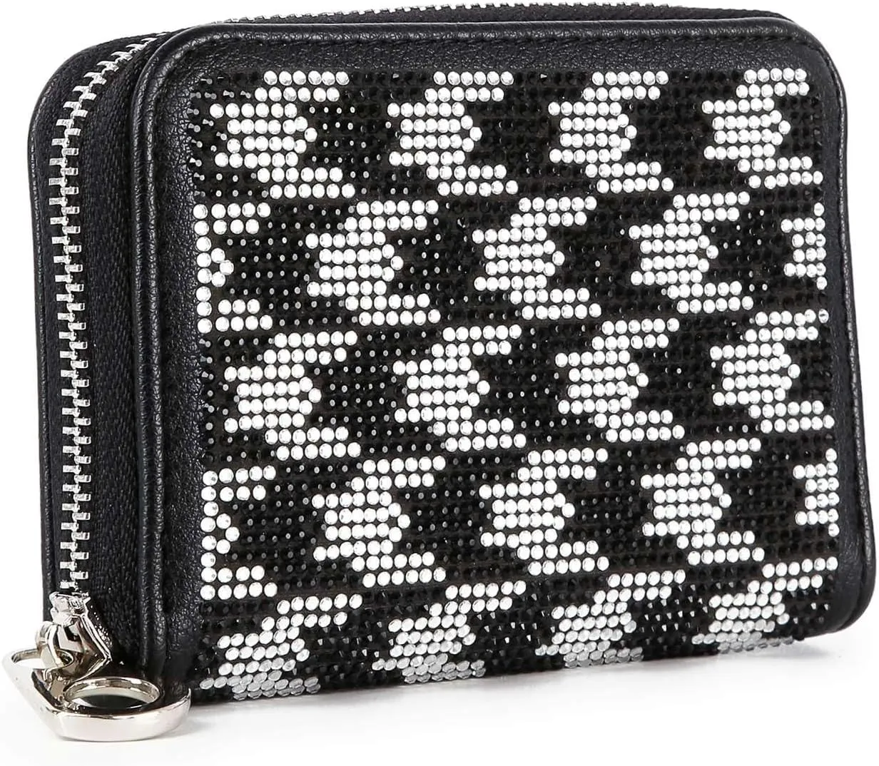 Handbag Express Rhinestone Design Zip Around Petite Wallet (Black-Houndstooth)