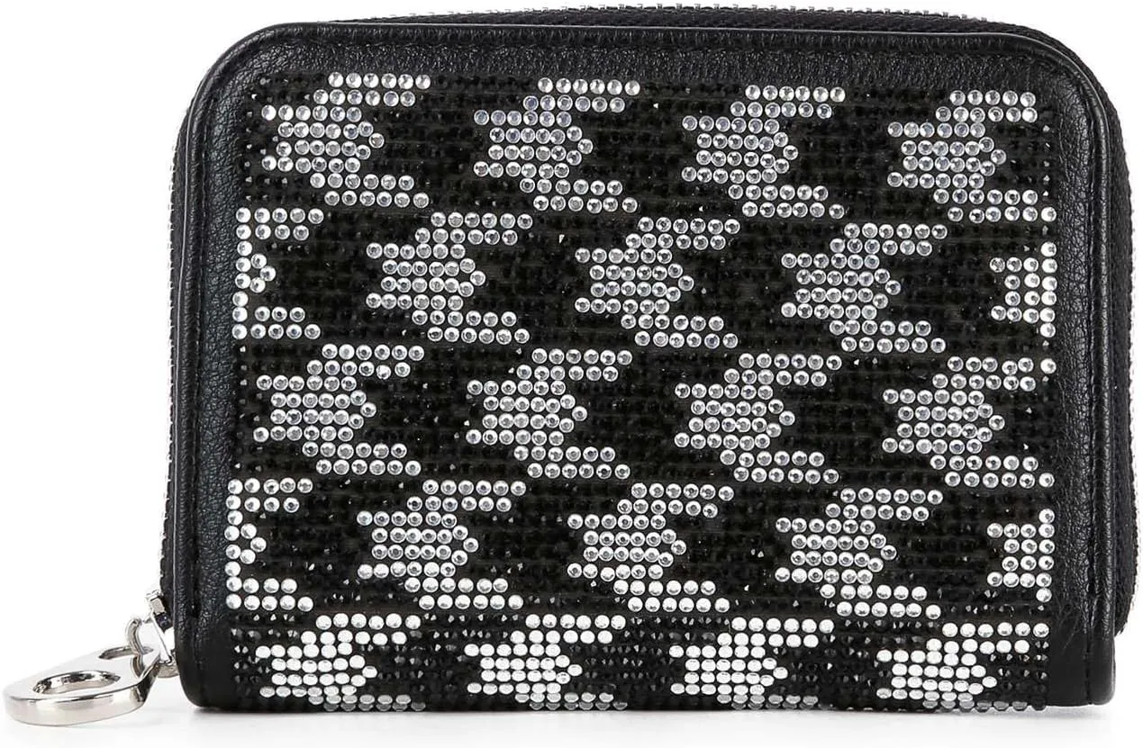 Handbag Express Rhinestone Design Zip Around Petite Wallet (Black-Houndstooth)